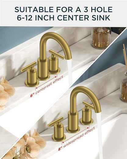 FORIOUS 8 Inch Widespread Brushed Gold Bathroom Faucet 3 Hole, 2 Handle Gold - Image 6