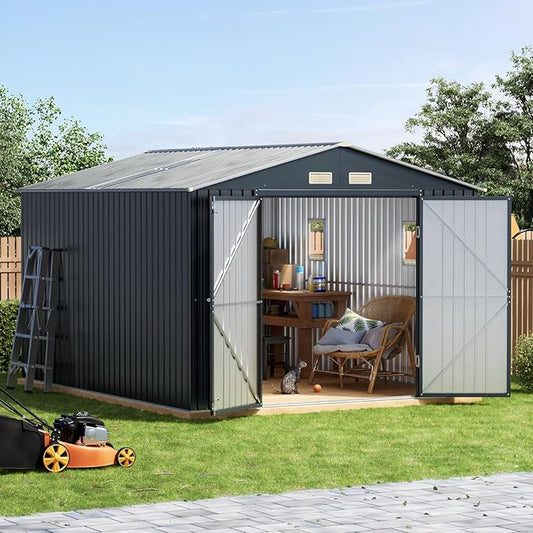 10x12 FT Outdoor Metal Storage Shed, Double Swing Doors, 2 Clear Windows by Unknown