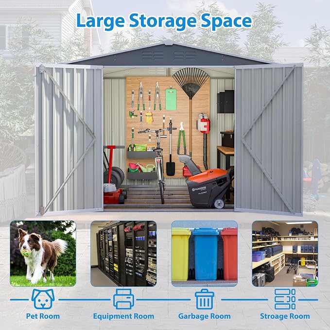 8 x 6 FT Outdoor Storage Metal Shed, Bike Garden Tool Shed - Image 3