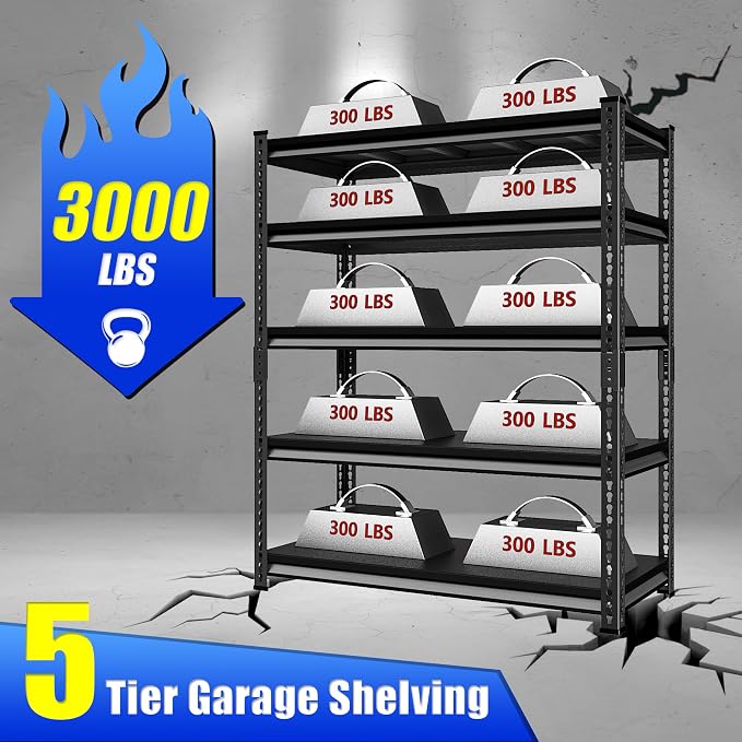 48" W Heavy Duty Garage Shelving, 5-Tier Metal Industrial Shelves, 3000LBS Loads - Image 4