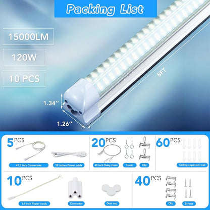 10 Pack 8FT T8 LED Shop Lights, 120W Integrated Tube Light, 19200LM 6000-6500K - Image 5