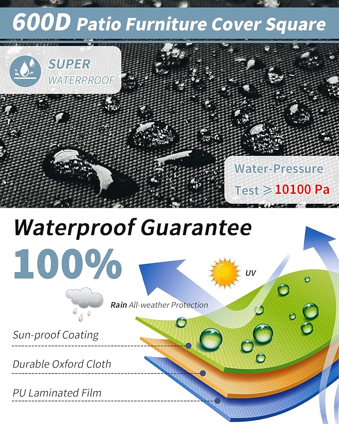 Outdoor Waterproof Furniture Cover, 62W x 62L x 28H inches Heavy Duty 600D - Image 4