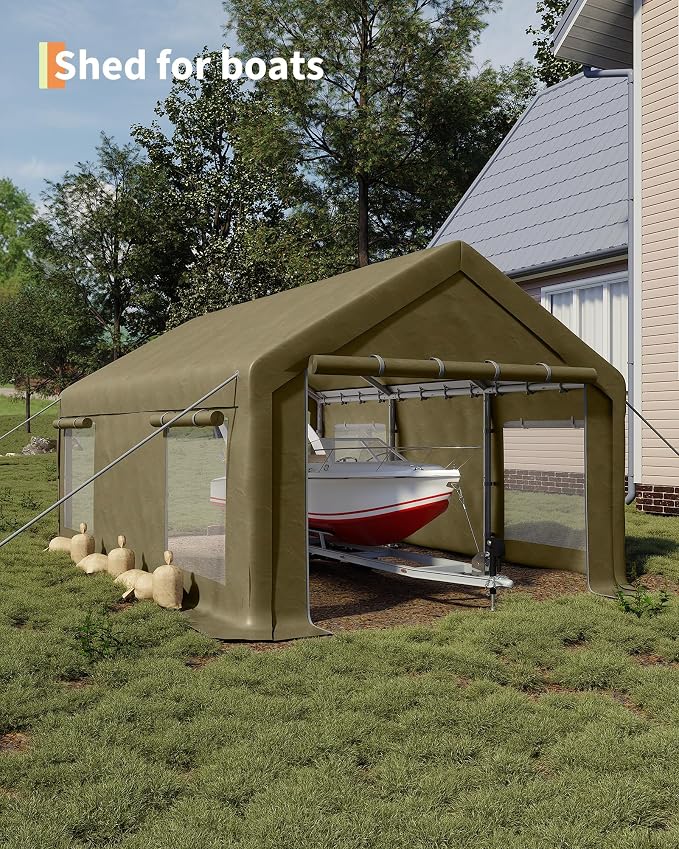 13x20 Ft Carport with 8 Sandbags, Car Port with 220g PE Tarp, 2 Roll-Up Doors - Image 6