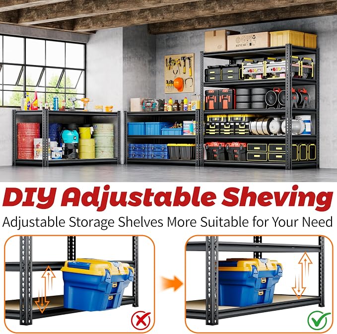 72" H Storage Shelves Heavy Duty, 2200LBS Garage Shelving, 5 Tier Metal - Image 7