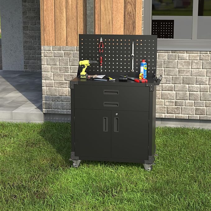 Black Tool Cart with Pegboard and 4 Hooks, Garage Storage Cabinet on Wheels - Image 7