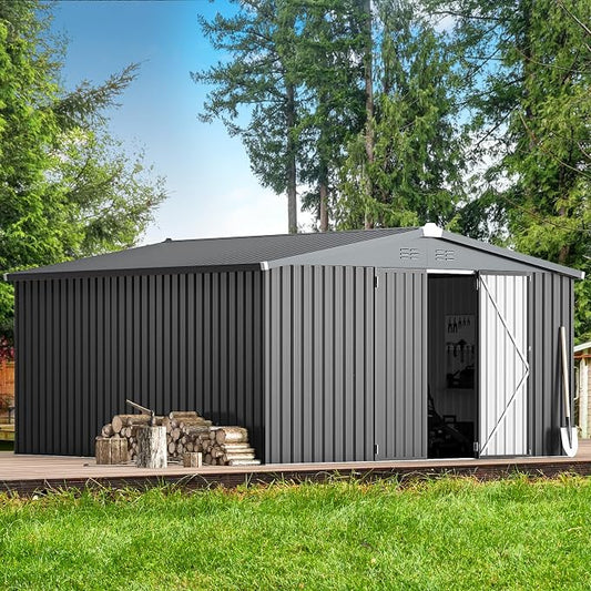 AECOJOY 12' x 12' Outdoor Storage Shed, Dark Grey Large Metal Sheds & Outdoor by AECOJOY