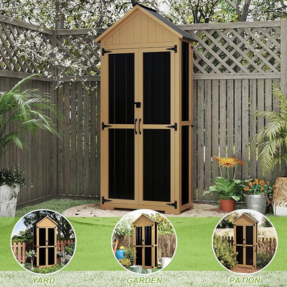 Outdoor Storage Cabinet with Shelf, Wood & Metal Storage Shed with Lockable - Image 6