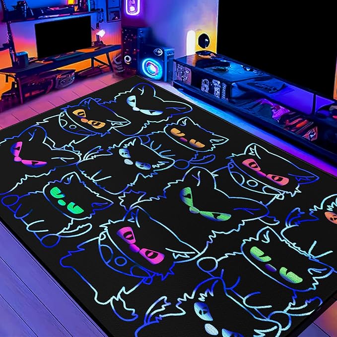 Black Play Cat Rug for Playroom for Boys Girls 3x4 Funny Cute Cat Cartoon Decor by Isyorefam