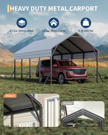 13'x21'x11' Oversized Metal Carport, Heavy Duty Metal Car Port - Image 5