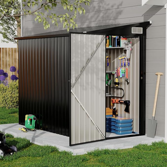 4x8 FT Metal Outdoor Lean to Storage Shed, Lean to Garden Shed Utility Tool Shed by RELJOFUM
