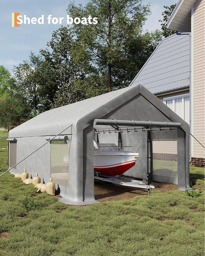 13x25 Ft Carport with 10 Sandbags, Car Port with 220g PE Tarp, 2 Roll-Up Doors - Image 7